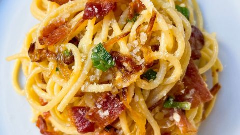 Miso Pasta with Bacon and Caramelized Onions - Toast to Home